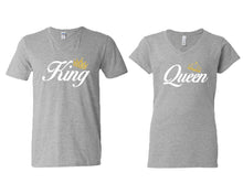 Load image into Gallery viewer, King and Queen matching couple v-neck shirts.Couple shirts, Sports Grey v neck t shirts for men, v neck t shirts women. Couple matching shirts.