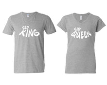 Load image into Gallery viewer, Her King and His Queen matching couple v-neck shirts.Couple shirts, Sports Grey v neck t shirts for men, v neck t shirts women. Couple matching shirts.