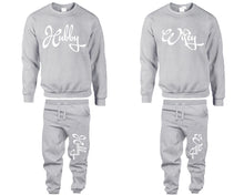 將圖片載入圖庫檢視器 Hubby and Wifey top and bottom sets. Sports Grey sweatshirt and sweatpants set for men, sweater and jogger pants for women.