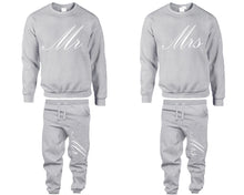 Load image into Gallery viewer, Mr and Mrs top and bottom sets. Sports Grey sweatshirt and sweatpants set for men, sweater and jogger pants for women.