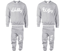 將圖片載入圖庫檢視器 Hubby and Wifey top and bottom sets. Sports Grey sweatshirt and sweatpants set for men, sweater and jogger pants for women.