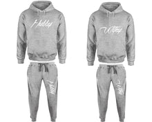 Load image into Gallery viewer, Hubby and Wifey matching top and bottom set, Sports Grey pullover hoodie and sweatpants sets for mens, pullover hoodie and jogger set womens. Matching couple joggers.