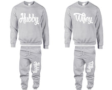 將圖片載入圖庫檢視器 Hubby and Wifey top and bottom sets. Sports Grey sweatshirt and sweatpants set for men, sweater and jogger pants for women.