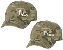將圖片載入圖庫檢視器 Prince and Princess matching caps for couples, Tan Camo baseball caps.White color Vinyl Design
