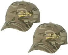 Load image into Gallery viewer, Hubby and Wifey matching caps for couples, Tan Camo baseball caps.Gold Foil color Vinyl Design