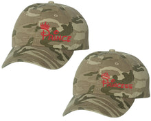 Load image into Gallery viewer, Prince and Princess matching caps for couples, Tan Camo baseball caps.Red Glitter color Vinyl Design
