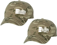 Load image into Gallery viewer, Hubby and Wifey matching caps for couples, Tan Camo baseball caps.