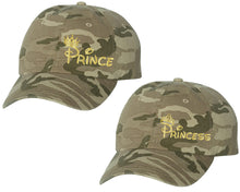 Load image into Gallery viewer, Prince and Princess matching caps for couples, Tan Camo baseball caps.Gold Foil color Vinyl Design