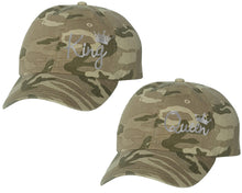 Load image into Gallery viewer, King and Queen matching caps for couples, Tan Camo baseball caps.Silver Foil color Vinyl Design