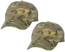 Load image into Gallery viewer, King and Queen matching caps for couples, Tan Camo baseball caps.Gold Glitter color Vinyl Design