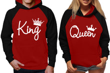 Load image into Gallery viewer, King and Queen raglan hoodies, Matching couple hoodies, White King Queen design on man and woman hoodies