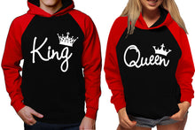 Load image into Gallery viewer, King and Queen raglan hoodies, Matching couple hoodies, White King Queen design on man and woman hoodies