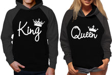 Load image into Gallery viewer, King and Queen raglan hoodies, Matching couple hoodies, White King Queen design on man and woman hoodies