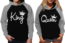 Load image into Gallery viewer, King and Queen raglan hoodies, Matching couple hoodies, White King Queen design on man and woman hoodies