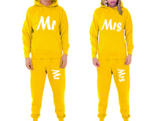 Load image into Gallery viewer, Mr and Mrs matching top and bottom set, Yellow pullover hoodie and sweatpants sets for mens, pullover hoodie and jogger set womens. Matching couple joggers.