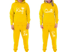 Load image into Gallery viewer, King and Queen matching top and bottom set, Yellow pullover hoodie and sweatpants sets for mens, pullover hoodie and jogger set womens. Matching couple joggers.