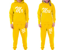 Load image into Gallery viewer, Mr and Mrs matching top and bottom set, Yellow pullover hoodie and sweatpants sets for mens, pullover hoodie and jogger set womens. Matching couple joggers.
