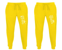 Load image into Gallery viewer, Her King and His Queen matching jogger pants, Yellow sweatpants for mens, jogger set womens. Matching couple joggers.