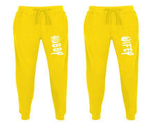 Load image into Gallery viewer, Hubby and Wifey matching jogger pants, Yellow sweatpants for mens, jogger set womens. Matching couple joggers.