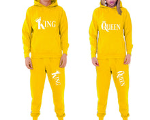 將圖片載入圖庫檢視器 King and Queen matching top and bottom set, Yellow pullover hoodie and sweatpants sets for mens, pullover hoodie and jogger set womens. Matching couple joggers.