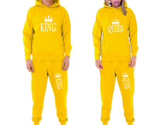 將圖片載入圖庫檢視器 King and Queen matching top and bottom set, Yellow pullover hoodie and sweatpants sets for mens, pullover hoodie and jogger set womens. Matching couple joggers.