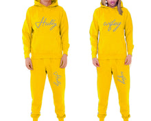 將圖片載入圖庫檢視器 Hubby and Wifey matching top and bottom set, Yellow pullover hoodie and sweatpants sets for mens, pullover hoodie and jogger set womens. Matching couple joggers.