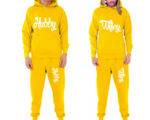 Load image into Gallery viewer, Hubby and Wifey matching top and bottom set, Yellow pullover hoodie and sweatpants sets for mens, pullover hoodie and jogger set womens. Matching couple joggers.