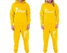 Load image into Gallery viewer, Prince and Princess matching top and bottom set, Yellow pullover hoodie and sweatpants sets for mens, pullover hoodie and jogger set womens. Matching couple joggers.