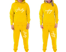 將圖片載入圖庫檢視器 Hubby and Wifey matching top and bottom set, Yellow pullover hoodie and sweatpants sets for mens, pullover hoodie and jogger set womens. Matching couple joggers.