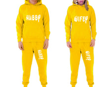 將圖片載入圖庫檢視器 Hubby and Wifey matching top and bottom set, Yellow pullover hoodie and sweatpants sets for mens, pullover hoodie and jogger set womens. Matching couple joggers.