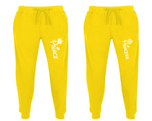 Load image into Gallery viewer, Prince and Princess matching jogger pants, Yellow sweatpants for mens, jogger set womens. Matching couple joggers.
