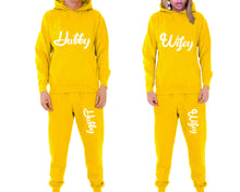 Load image into Gallery viewer, Hubby and Wifey matching top and bottom set, Yellow pullover hoodie and sweatpants sets for mens, pullover hoodie and jogger set womens. Matching couple joggers.