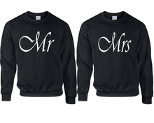 Load image into Gallery viewer, Mr and Mrs couple sweatshirts. Black sweaters for men, sweaters for women. Sweat shirt. Matching sweatshirts for couples