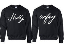 將圖片載入圖庫檢視器 Hubby Wifey couple sweatshirts. Black sweaters for men, sweaters for women. Sweat shirt. Matching sweatshirts for couples