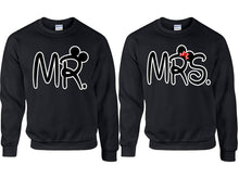 Load image into Gallery viewer, Mr Mrs couple sweatshirts. Black sweaters for men, sweaters for women. Sweat shirt. Matching sweatshirts for couples