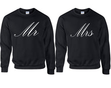 Load image into Gallery viewer, Mr and Mrs couple sweatshirts. Black sweaters for men, sweaters for women. Sweat shirt. Matching sweatshirts for couples