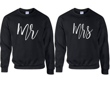 Load image into Gallery viewer, Mr and Mrs couple sweatshirts. Black sweaters for men, sweaters for women. Sweat shirt. Matching sweatshirts for couples