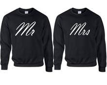 Load image into Gallery viewer, Mr and Mrs couple sweatshirts. Black sweaters for men, sweaters for women. Sweat shirt. Matching sweatshirts for couples