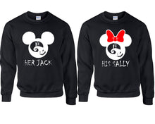 Load image into Gallery viewer, Her Jack and His Sally couple sweatshirts. Black sweaters for men, sweaters for women. Sweat shirt. Matching sweatshirts for couples