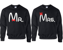 Load image into Gallery viewer, Mr Mrs couple sweatshirts. Black sweaters for men, sweaters for women. Sweat shirt. Matching sweatshirts for couples