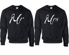 Load image into Gallery viewer, Mr and Mrs couple sweatshirts. Black sweaters for men, sweaters for women. Sweat shirt. Matching sweatshirts for couples