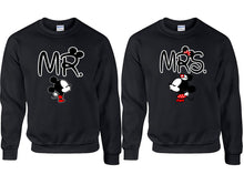 Load image into Gallery viewer, Mr Mrs couple sweatshirts. Black sweaters for men, sweaters for women. Sweat shirt. Matching sweatshirts for couples