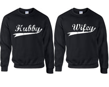 將圖片載入圖庫檢視器 Hubby Wifey couple sweatshirts. Black sweaters for men, sweaters for women. Sweat shirt. Matching sweatshirts for couples