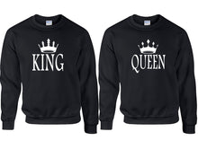 Load image into Gallery viewer, King and Queen couple sweatshirts. Black sweaters for men, sweaters for women. Sweat shirt. Matching sweatshirts for couples