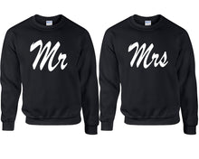 Load image into Gallery viewer, Mr and Mrs couple sweatshirts. Black sweaters for men, sweaters for women. Sweat shirt. Matching sweatshirts for couples