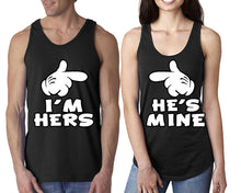 Load image into Gallery viewer, I'm Hers He's Mine matching couple tank tops. Couple shirts, Black tank top for men, tank top for women. Cute shirts.