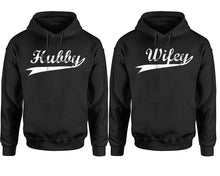 Load image into Gallery viewer, Hubby Wifey hoodie, Matching couple hoodies, Black pullover hoodies. Couple jogger pants and hoodies set.