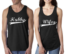 Load image into Gallery viewer, Hubby Wifey matching couple tank tops. Couple shirts, Black tank top for men, tank top for women. Cute shirts.