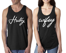 Load image into Gallery viewer, Hubby Wifey matching couple tank tops. Couple shirts, Black tank top for men, tank top for women. Cute shirts.