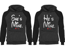 Load image into Gallery viewer, She's Mine He's Mine couple hoodies, raglan hoodie. Black Charcoal hoodie mens, Black Charcoal red hoodie womens.